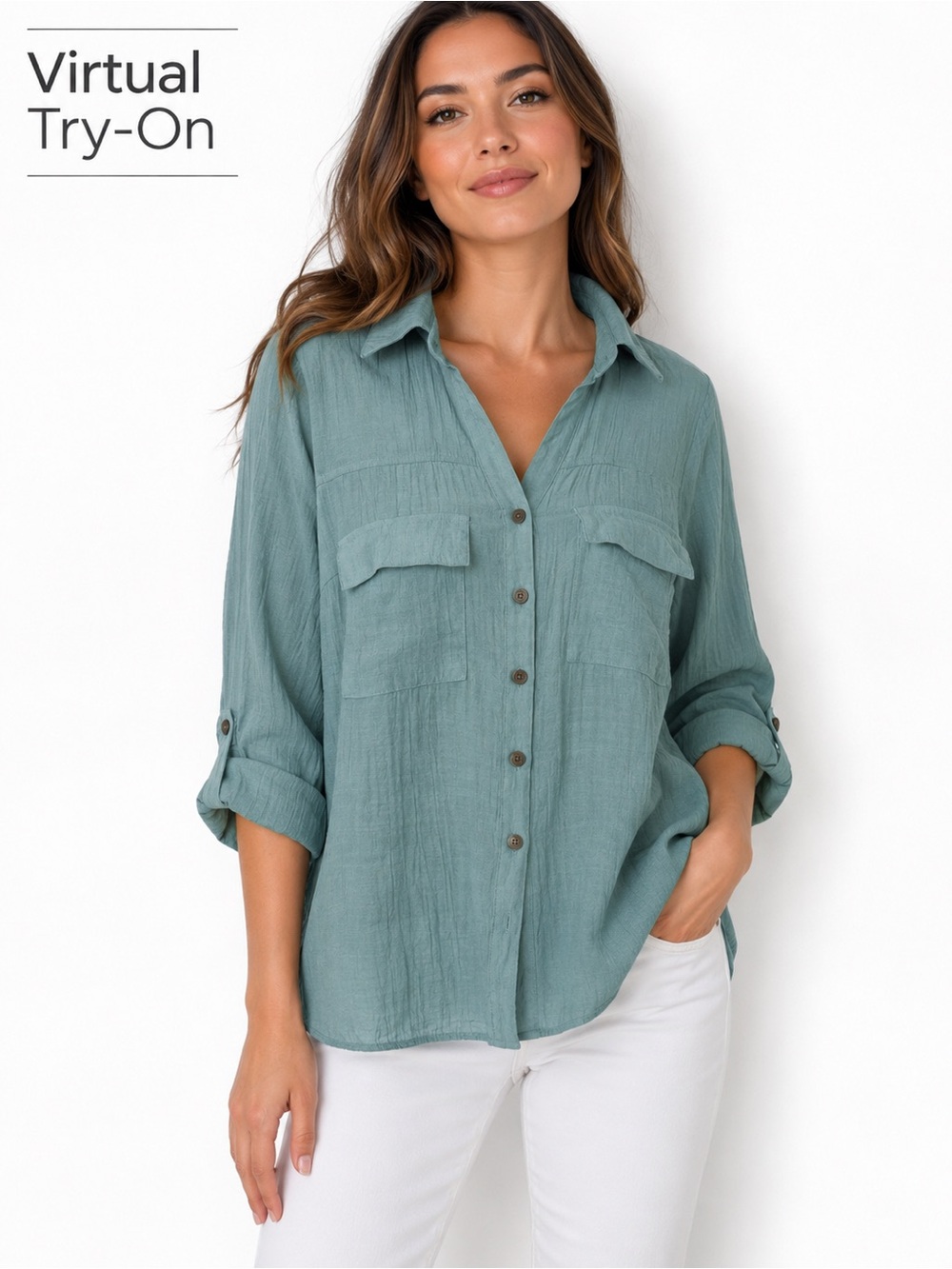 A Gation Concept Womens L Sage Green Utility Shirt Rayon Roll Tab Button Front
